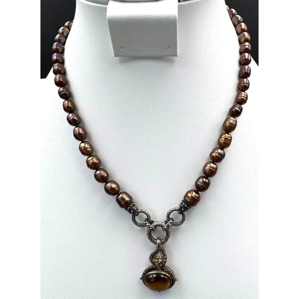 Scarce Barbara Bixby Freshwater Chocolate Pearl Necklace Tigers Eye 18K Sterling